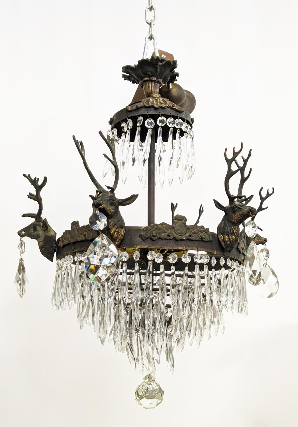 CHANDELIER, gilt metal with stag heads, glass drops and six lights, 53cm W x 85cm H overall. - Image 3 of 16