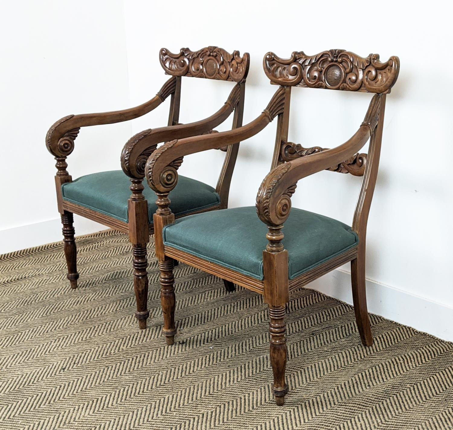 ARMCHAIRS, a pair, mid 19th century mahogany with green stuffover seats, 91cm H x 58cm x 58cm. (2) - Image 8 of 18