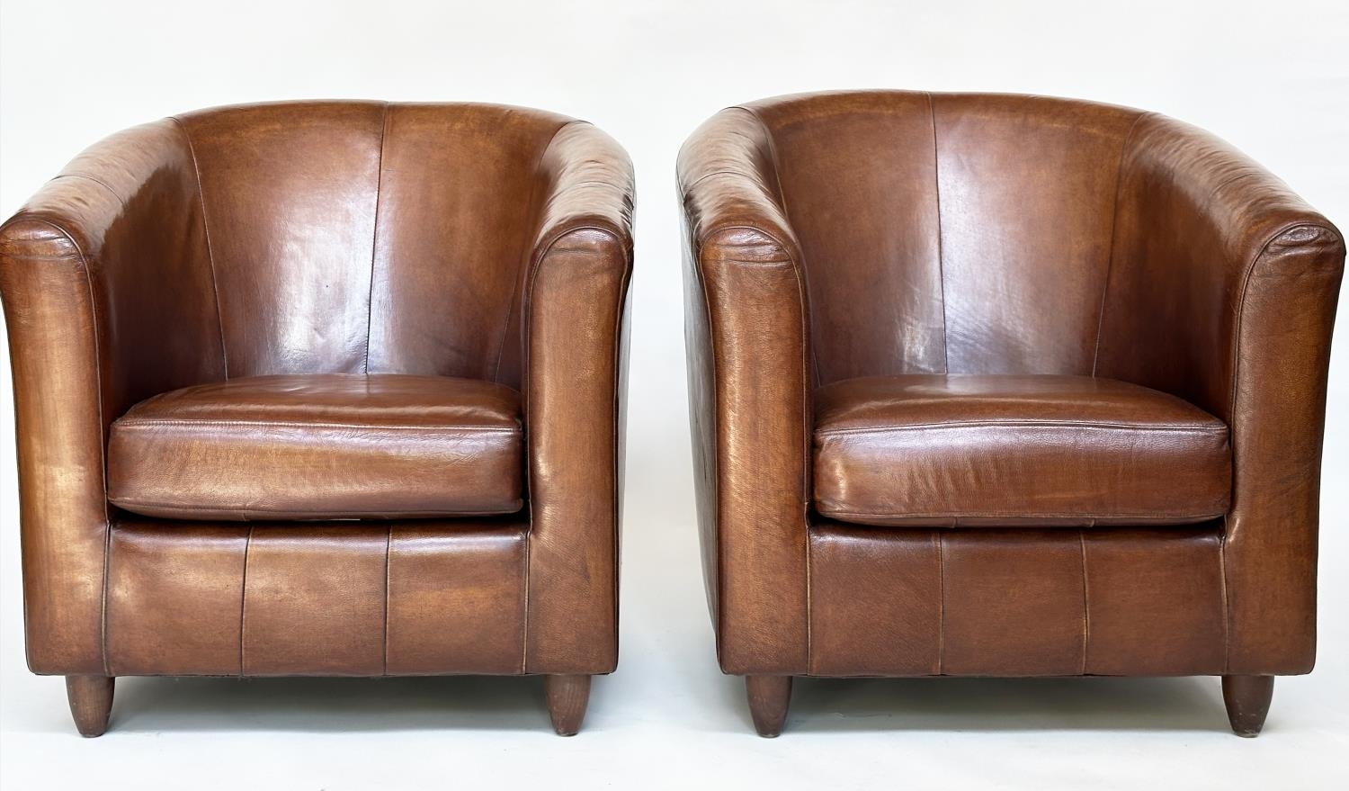 TUB ARMCHAIRS, a pair, natural soft mid brown leather upholstered with rounded backs, 78cm W. (2) - Image 2 of 12