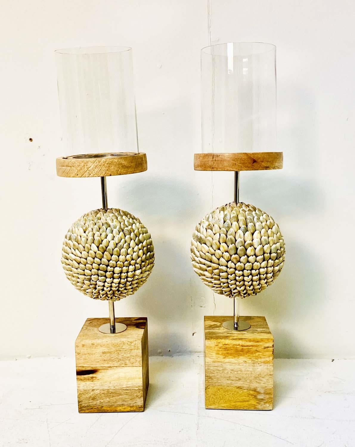 HURRICANE LANTERNS, a pair, seashells decoration, to middle section and square wooden bases, 45cm - Image 2 of 4