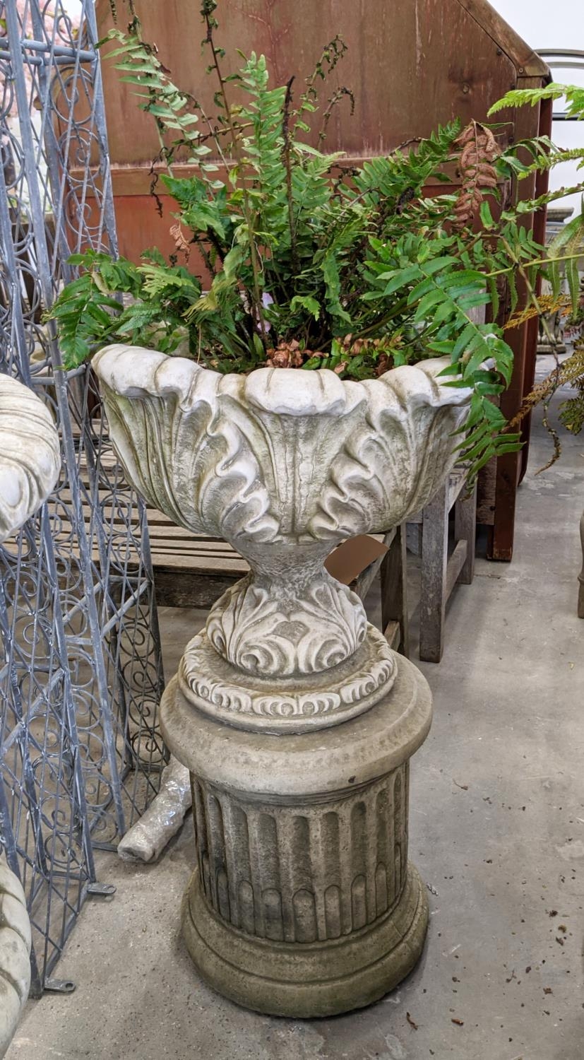 TWO COMPOSITE STONE PLANTERS ON STANDS, a pair, 50cm W x 89cm H. (4) - Bild 2 aus 5