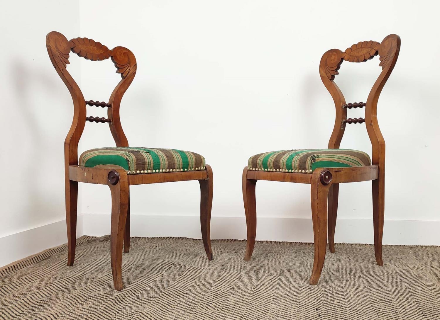 SIDE CHAIRS, a pair, Biedermeier cherrywood and thuya with worn green and brown striped drop in - Image 4 of 14