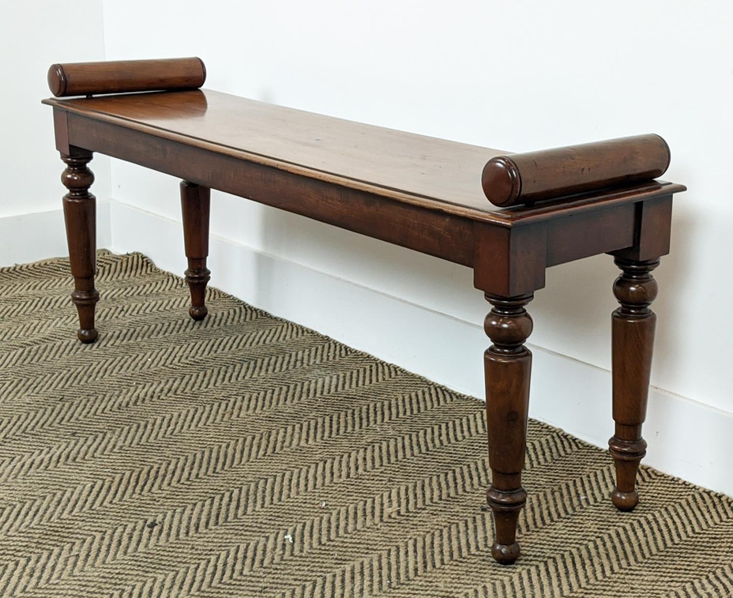 HALL BENCH, Victorian and later mahogany with turned supports, 113cm L x 32cm D x 52cm H. - Bild 7 aus 14