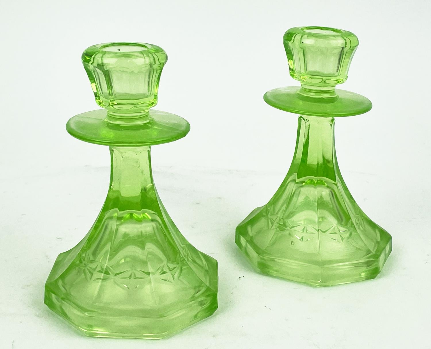 QUANTITY OF GREEN URANIUM GLASS, three pairs of candlesticks, a large figural vase, a mermaid - Image 15 of 16