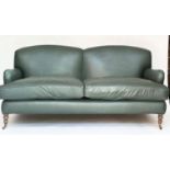 HOWARD STYLE SOFA, natural soft green leather upholstered with turned supports, 95cm H x 210cm W x