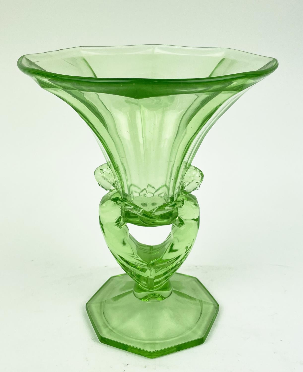 QUANTITY OF GREEN URANIUM GLASS, three pairs of candlesticks, a large figural vase, a mermaid - Image 6 of 16