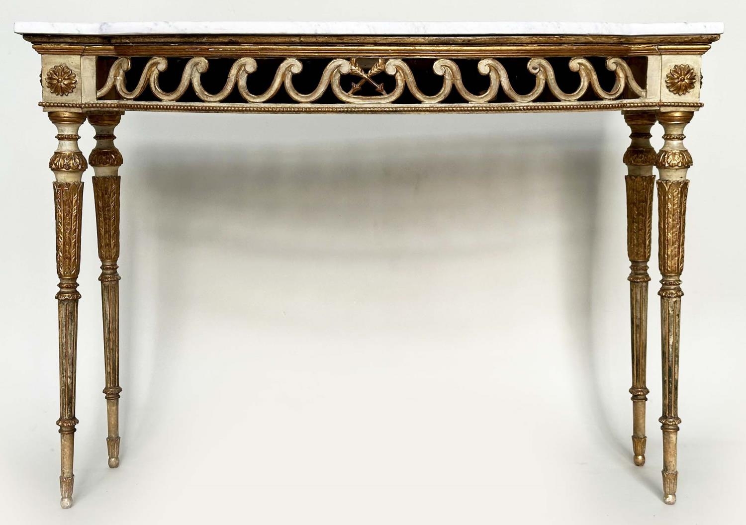 CONSOLE TABLE, late 19th century Italian grey painted and parcel gilt, bow fronted with Vitruvian - Image 8 of 8