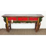 SIDE TABLE, Chinese, red, green and yellow lacquer, fitted with three drawers, 89cm H x 192cm W x