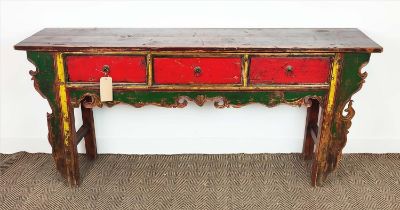 SIDE TABLE, Chinese, red, green and yellow lacquer, fitted with three drawers, 89cm H x 192cm W x
