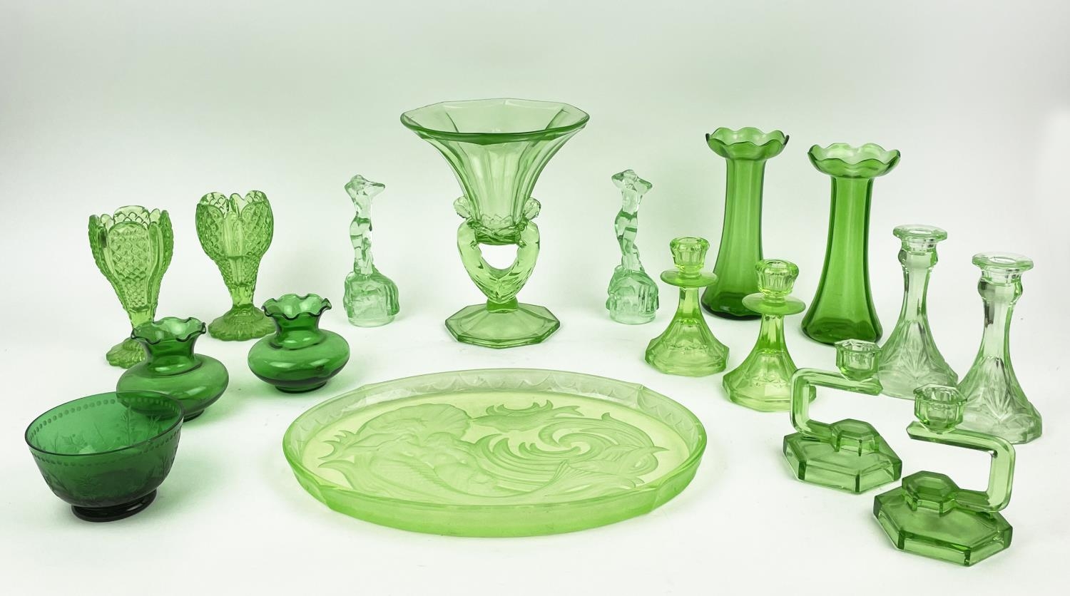 QUANTITY OF GREEN URANIUM GLASS, three pairs of candlesticks, a large figural vase, a mermaid - Image 3 of 16