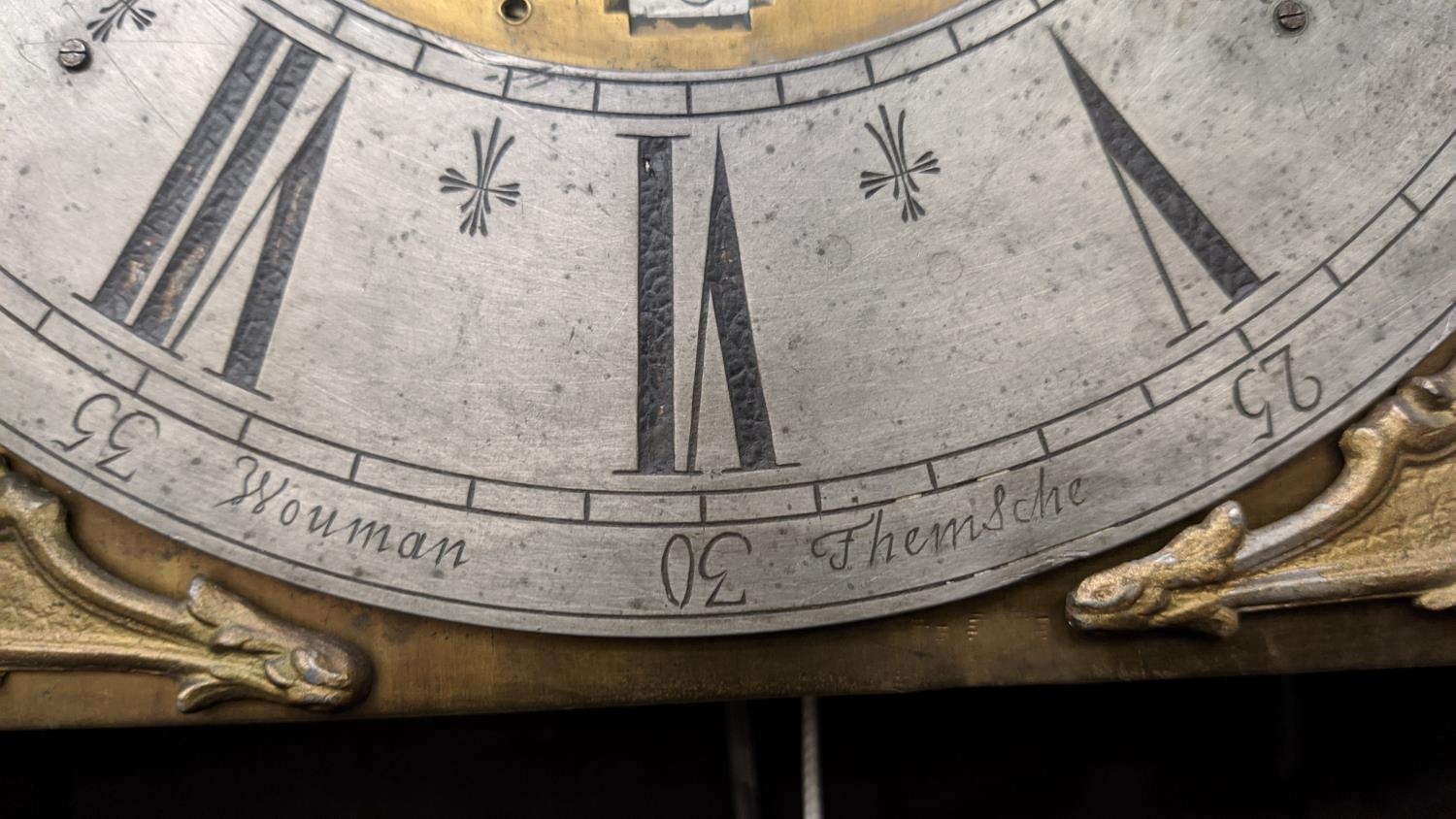 LONGCASE CLOCK, 18th century Flemish, eight day movement, silvered chapter dial, inscribed Wouman - Image 8 of 12