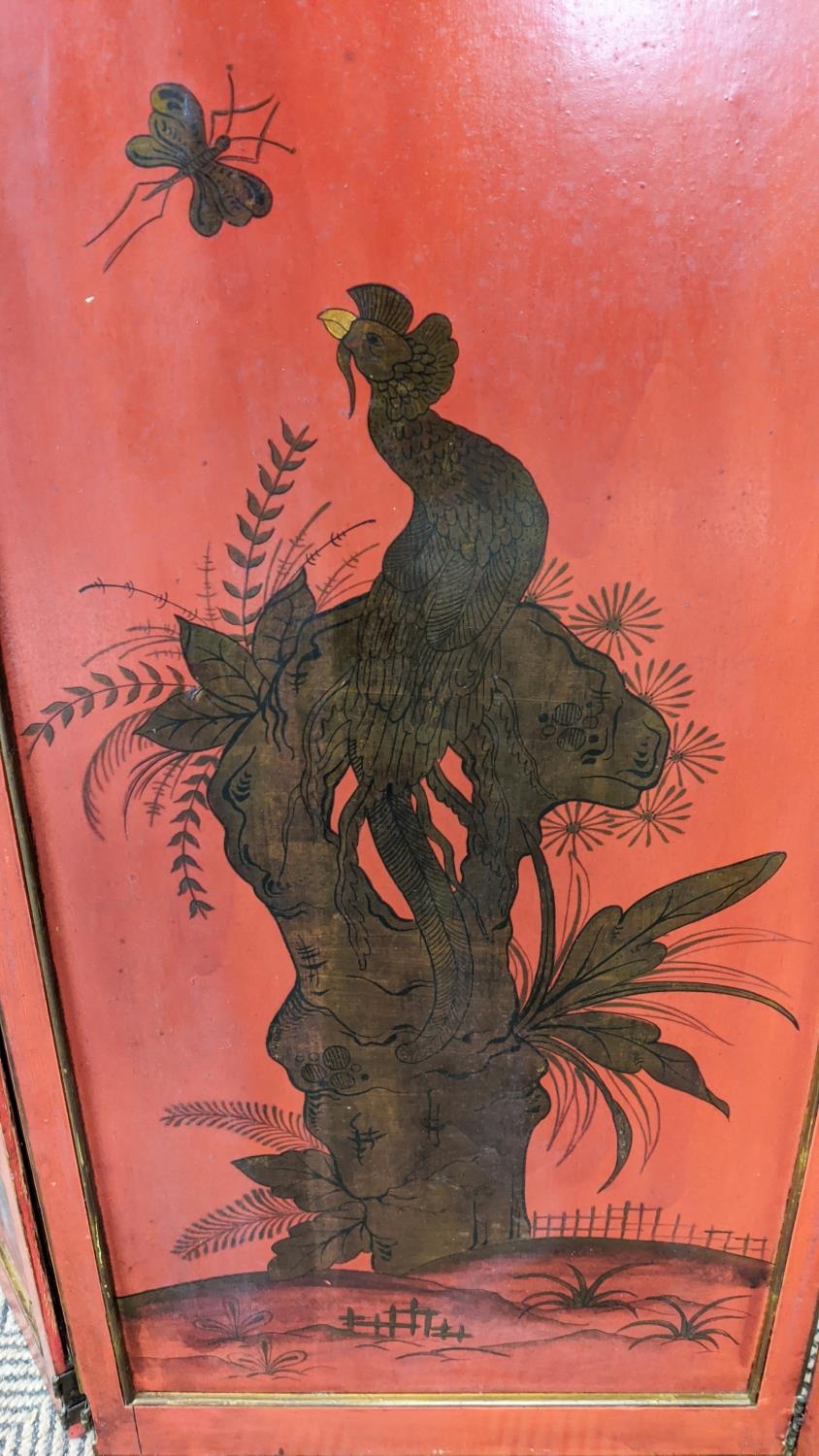 CHINOISERIE SCREEN, early 20th century red lacquer, three fold, each panel 178cm x 46cm W, with gilt - Image 13 of 24