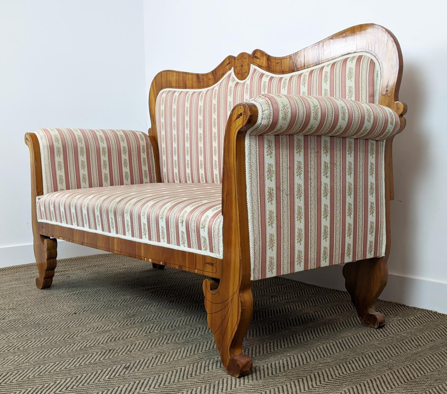 SOFA, Biedermeier cherrywood and line inlaid with pink striped upholstery, 104cm H x 168cm x 68cm. - Image 7 of 24