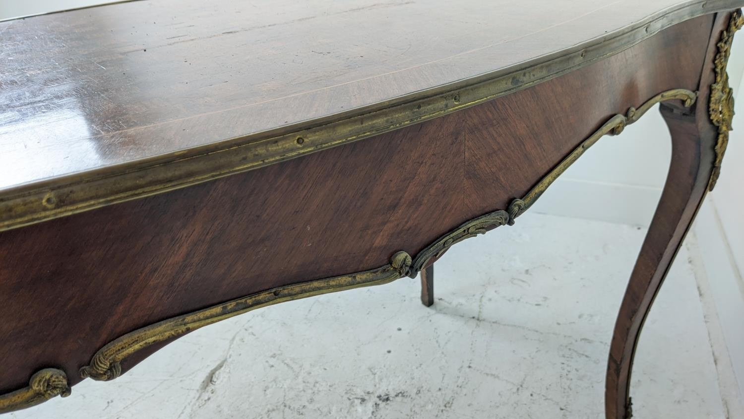 BUREAU PLAT, circa 1880, Louis XV style, French parquetry with ormolu mounts single long drawer - Image 22 of 22
