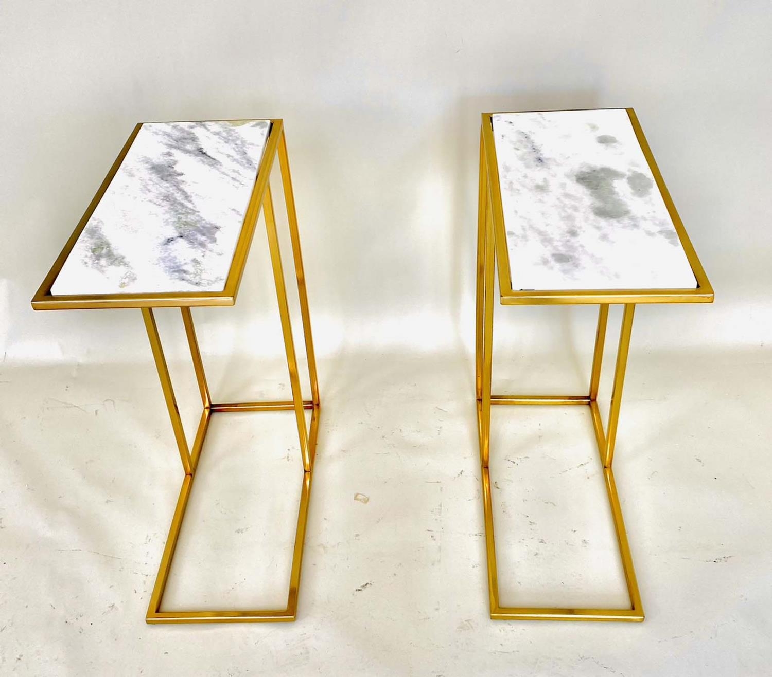 SIDE TABLES, a pair, gilt metal, white marble tops, 60cm x 46cm x 22cm. (2) - Image 3 of 6