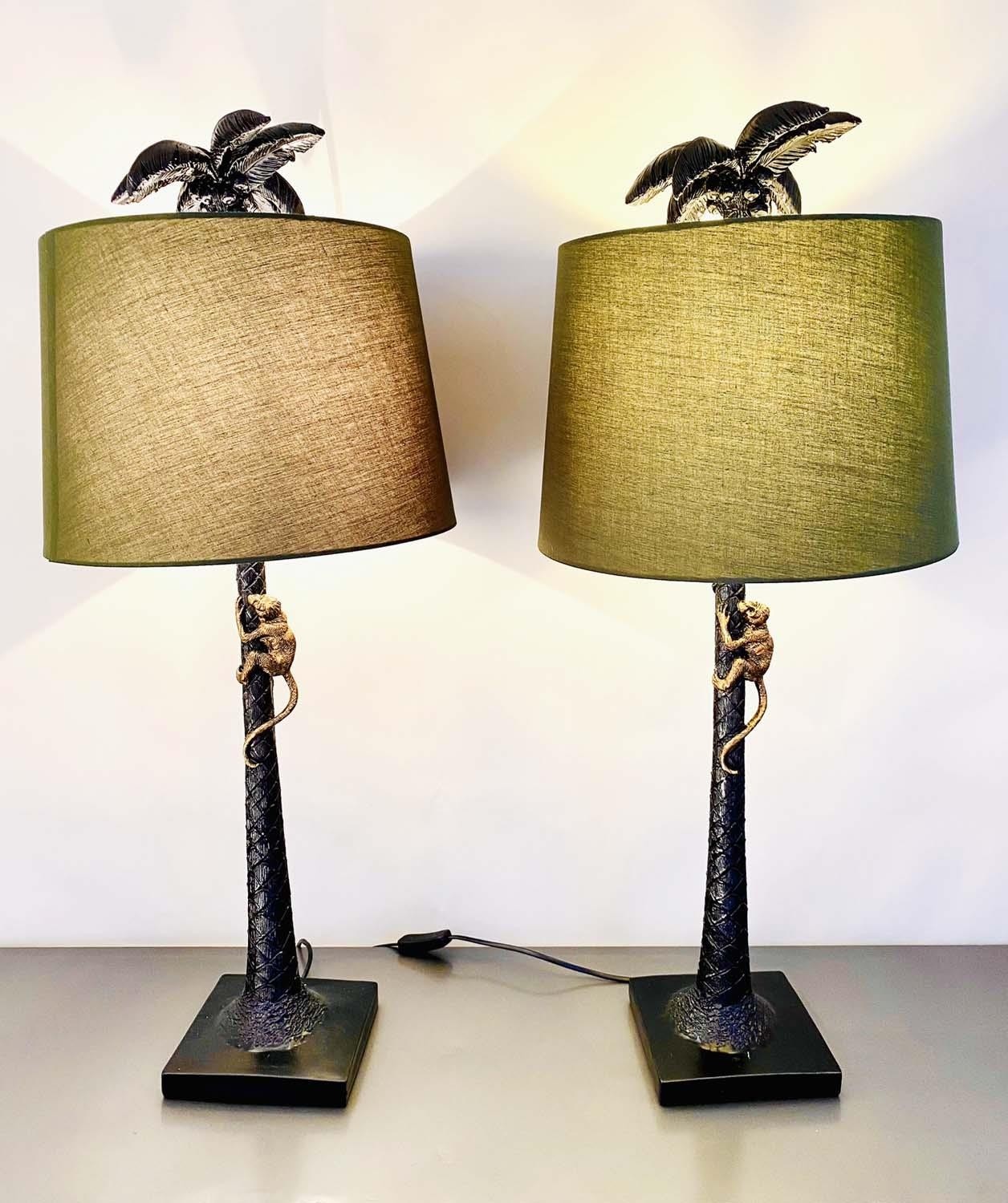 TABLE LAMPS, a pair, with shades, 86cm H, bases in the form of palm trees with a climbing monkey. ( - Image 2 of 4