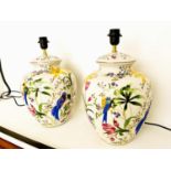 TABLE LAMPS, a pair, glazed ceramic with decoration depicting exotic birds amongst floral foliage,