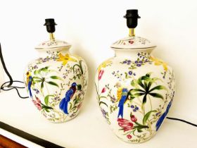 TABLE LAMPS, a pair, glazed ceramic with decoration depicting exotic birds amongst floral foliage,