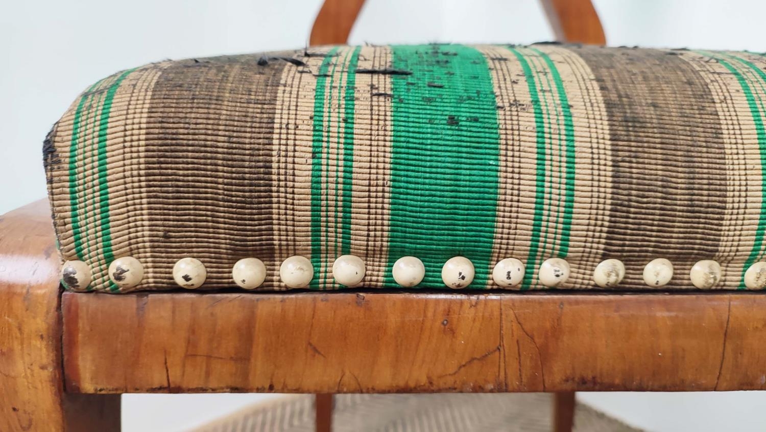 SIDE CHAIRS, a pair, Biedermeier cherrywood and thuya with worn green and brown striped drop in - Image 9 of 14