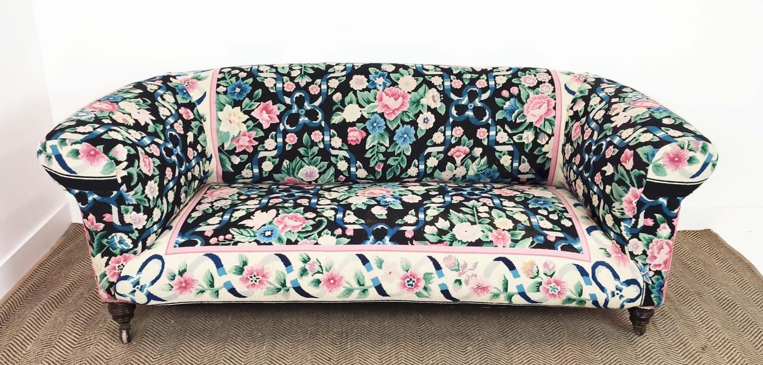 CHESTERFIELD SOFA, Victorian mahogany in floral and ribbon needlework and pink velvet upholstery