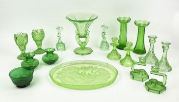 QUANTITY OF GREEN URANIUM GLASS, three pairs of candlesticks, a large figural vase, a mermaid