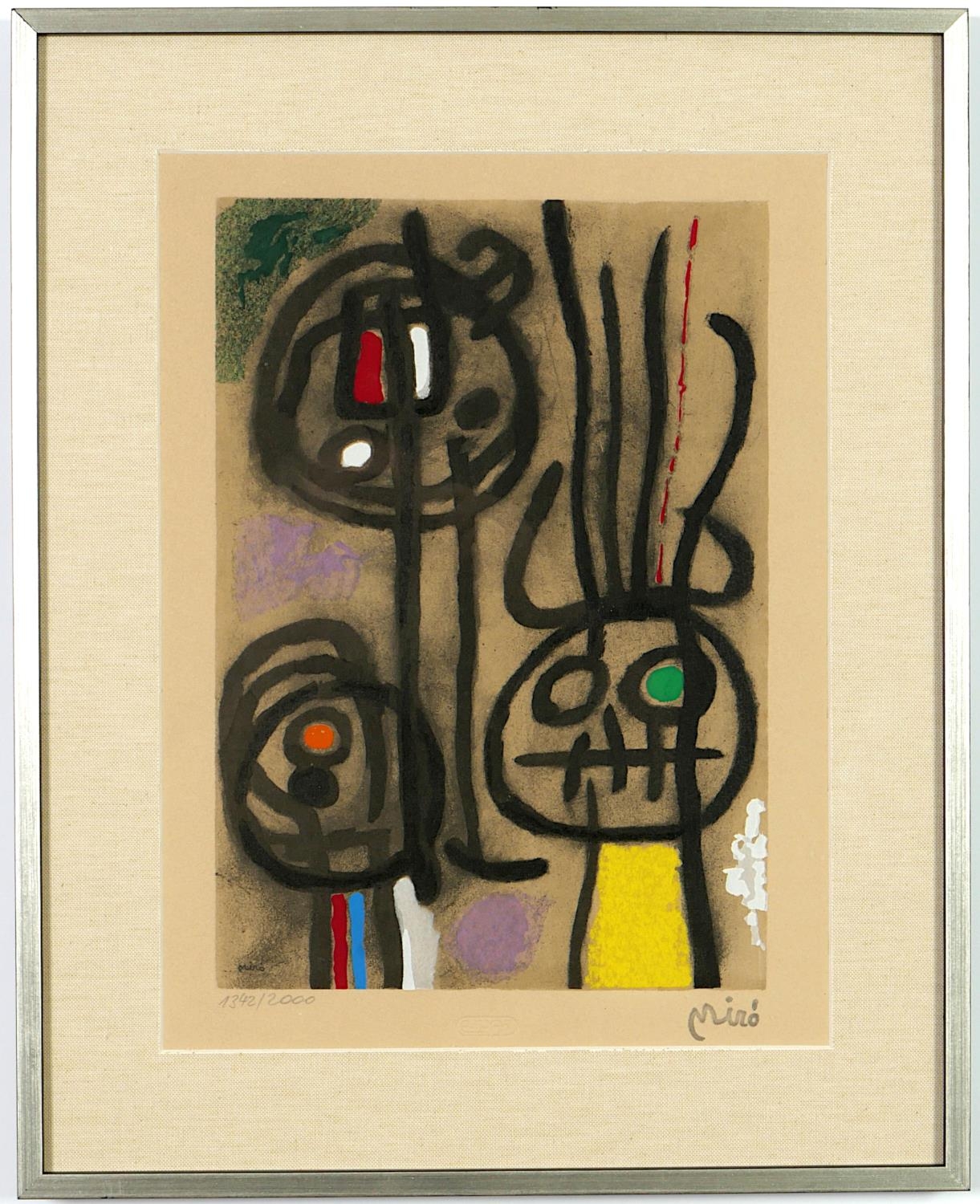 JOAN MIRO, Personnages, a pair, numbered limited edition pochoir, stamped signature, embossed - Image 3 of 3