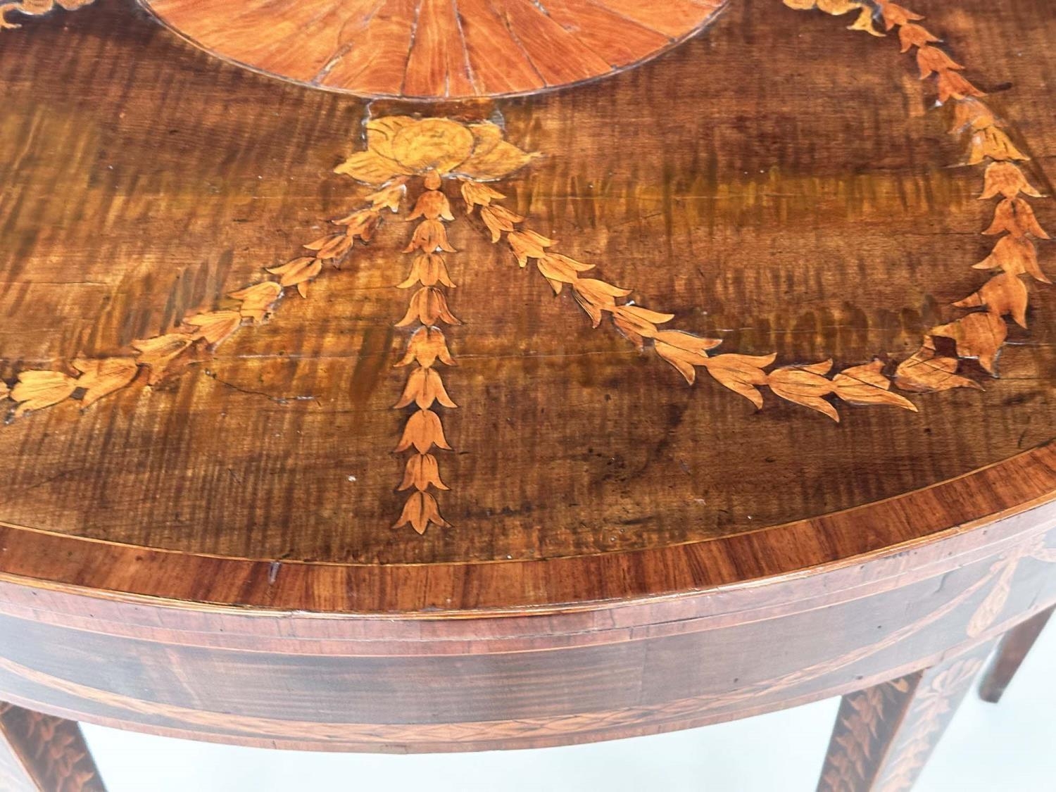 DEMI LUNE SIDE TABLE, George III, probably Irish, fiddle back mahogany and satinwood marquetry - Image 13 of 16