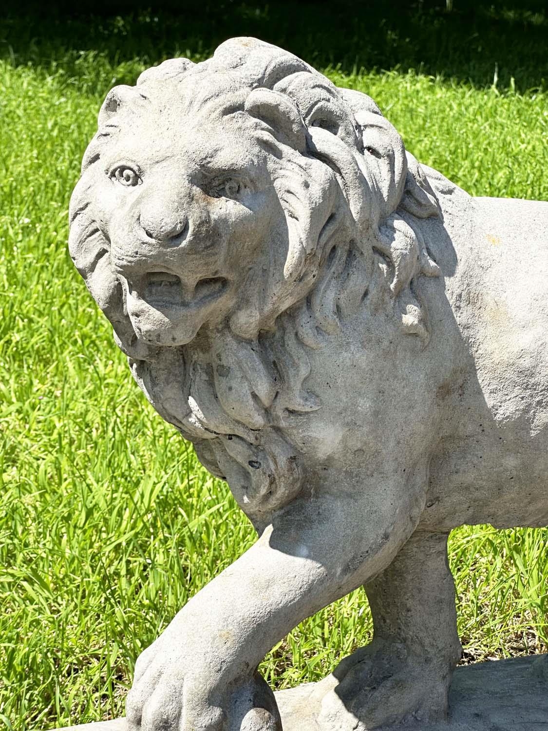 GARDEN LIONS, a pair, weathered reconstituted stone, 58cm H x 70cm W. (2) - Image 7 of 14