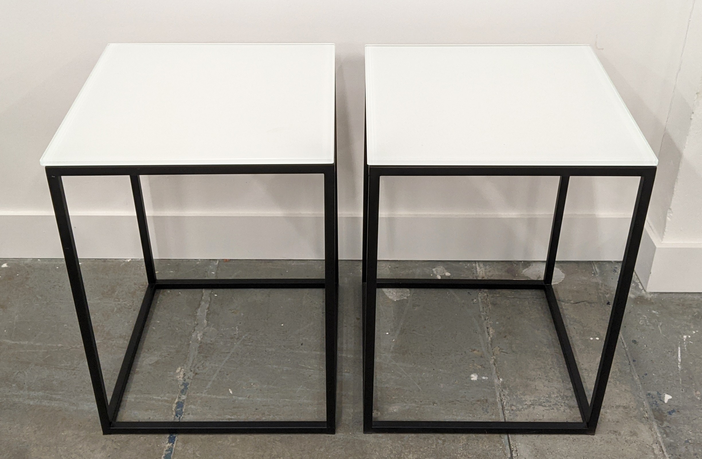 SIDE TABLES, a pair, 40cm x 40cm x 55cm, frosted glass tops, on black painted metal supports. (2) - Bild 2 aus 5