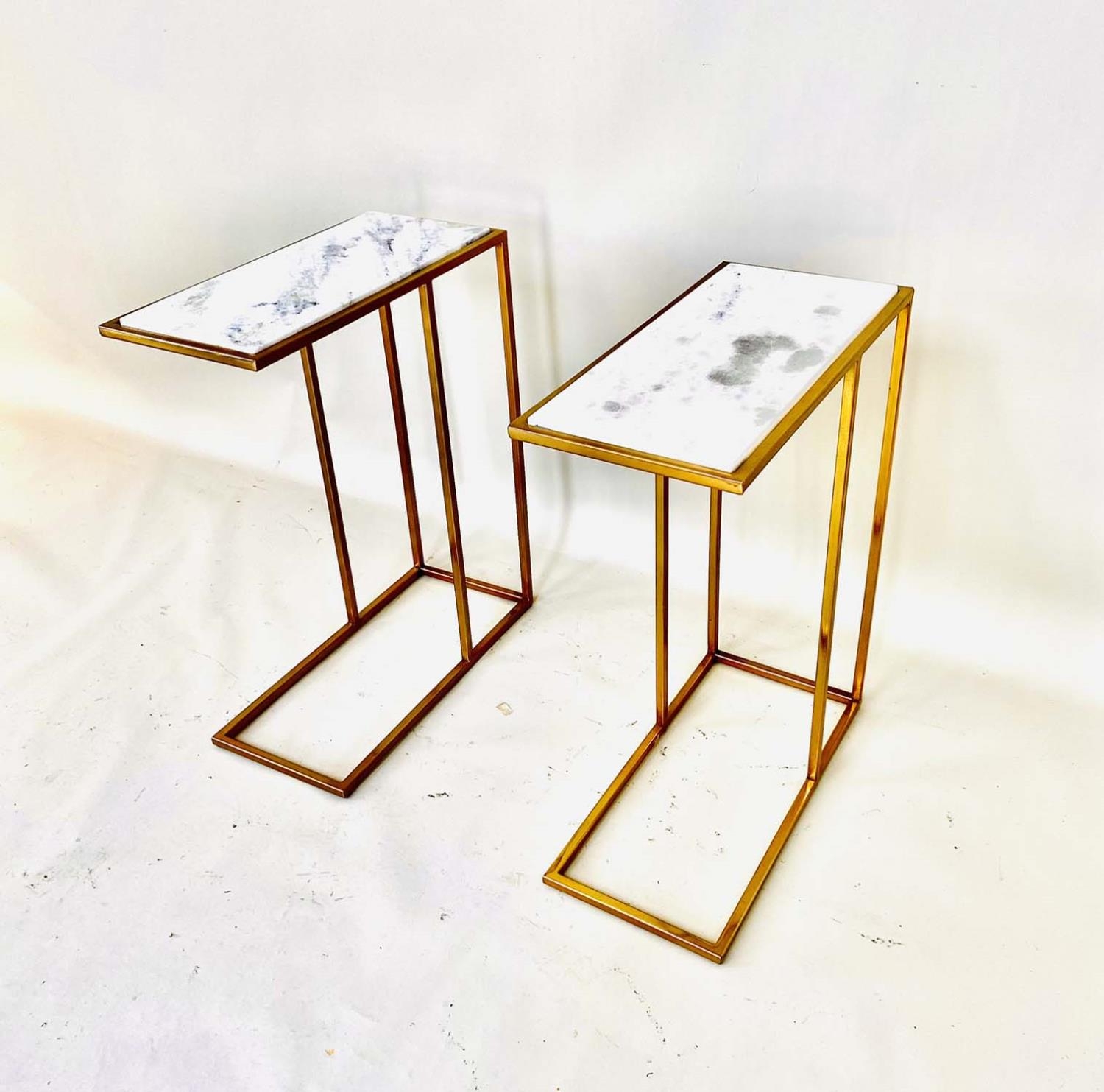 SIDE TABLES, a pair, gilt metal, white marble tops, 60cm x 46cm x 22cm. (2)