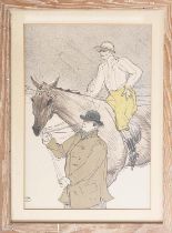 AFTER HENRI TOULOUSE LAUTREC, the jockey going to the post, print, 43cm x 31cm, in a pine frame.