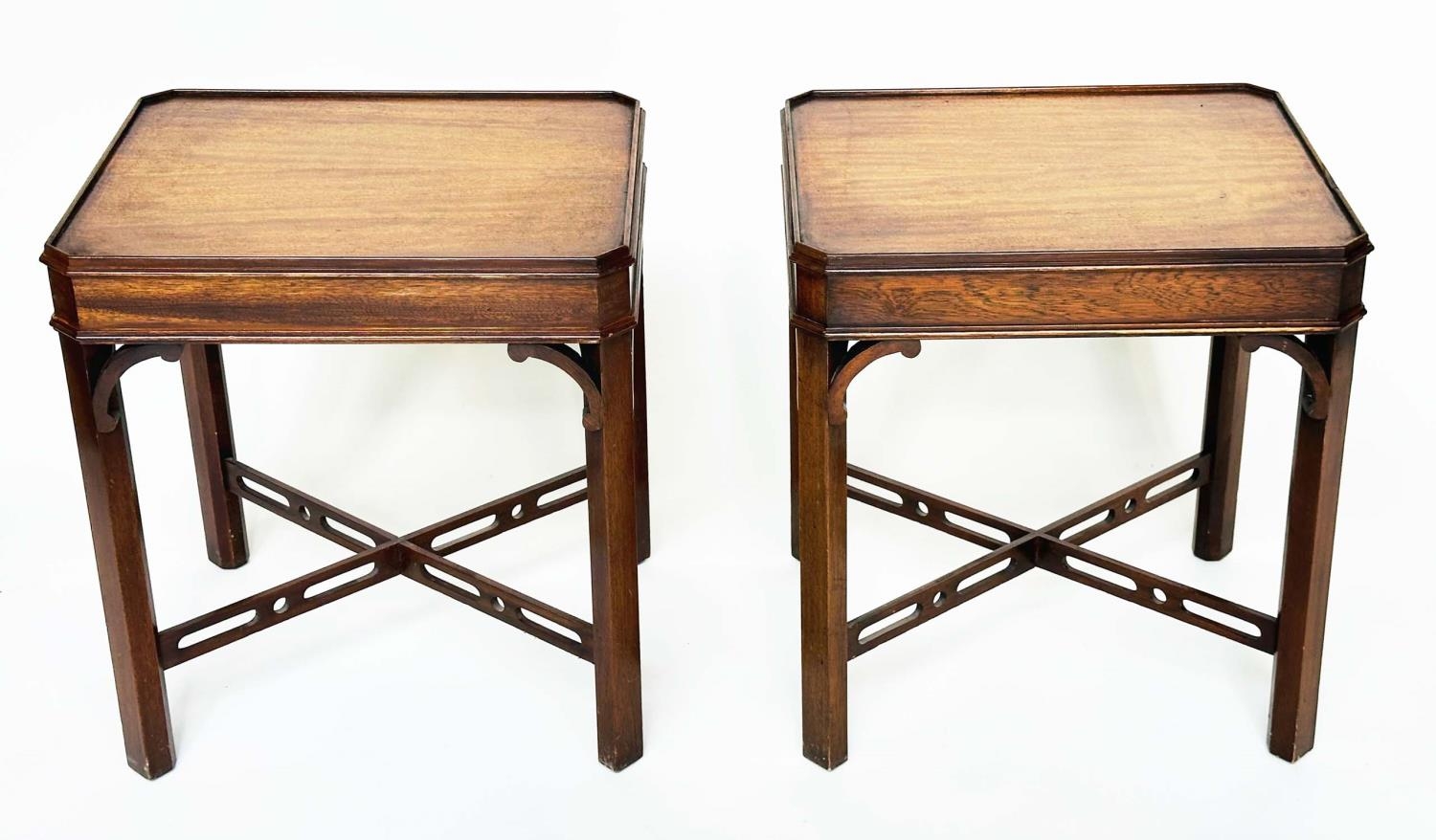 LAMP TABLES, a pair, George III design mahogany each with canted corners and pierced 'X' stretchers, - Image 2 of 9