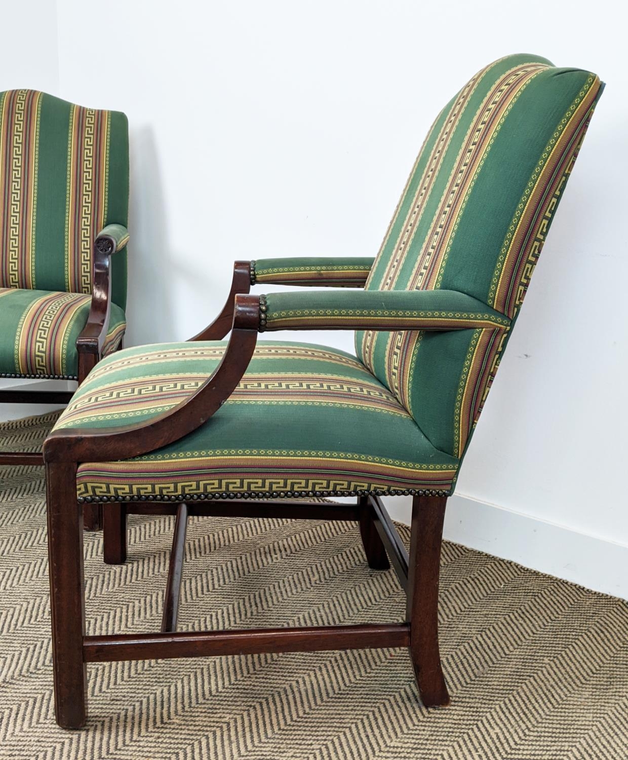 GAINSBOROUGH STYLE ARMCHAIRS, a pair, mahogany in green Greek key striped fabric, 102cm H x 63cm. ( - Image 5 of 18