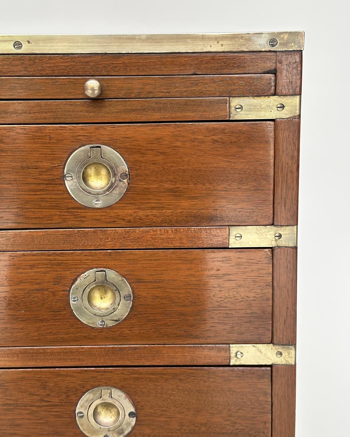 CAMPAIGN STYLE CHESTS, a pair, mahogany and brass bound with tooled leather and three drawers, - Image 12 of 20