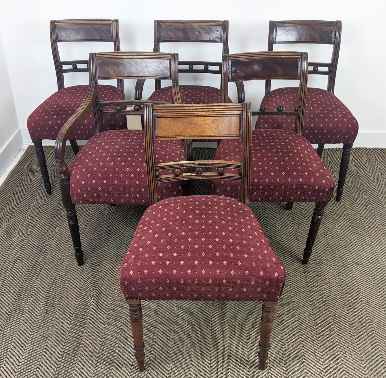 DINING CHAIRS, a set of six, Regency mahogany including two armchairs with burgundy patterned - Image 2 of 8