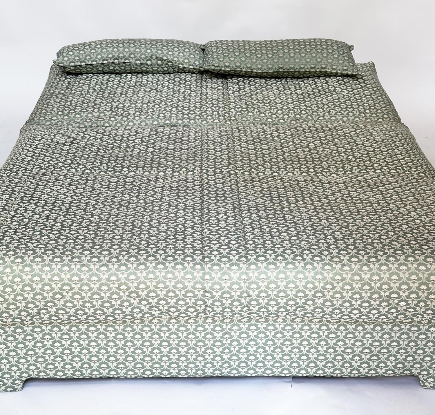 SOFA BED, geometric print upholstered with cushion, transferring to bed, 142cm W (180cm extended). - Image 5 of 8