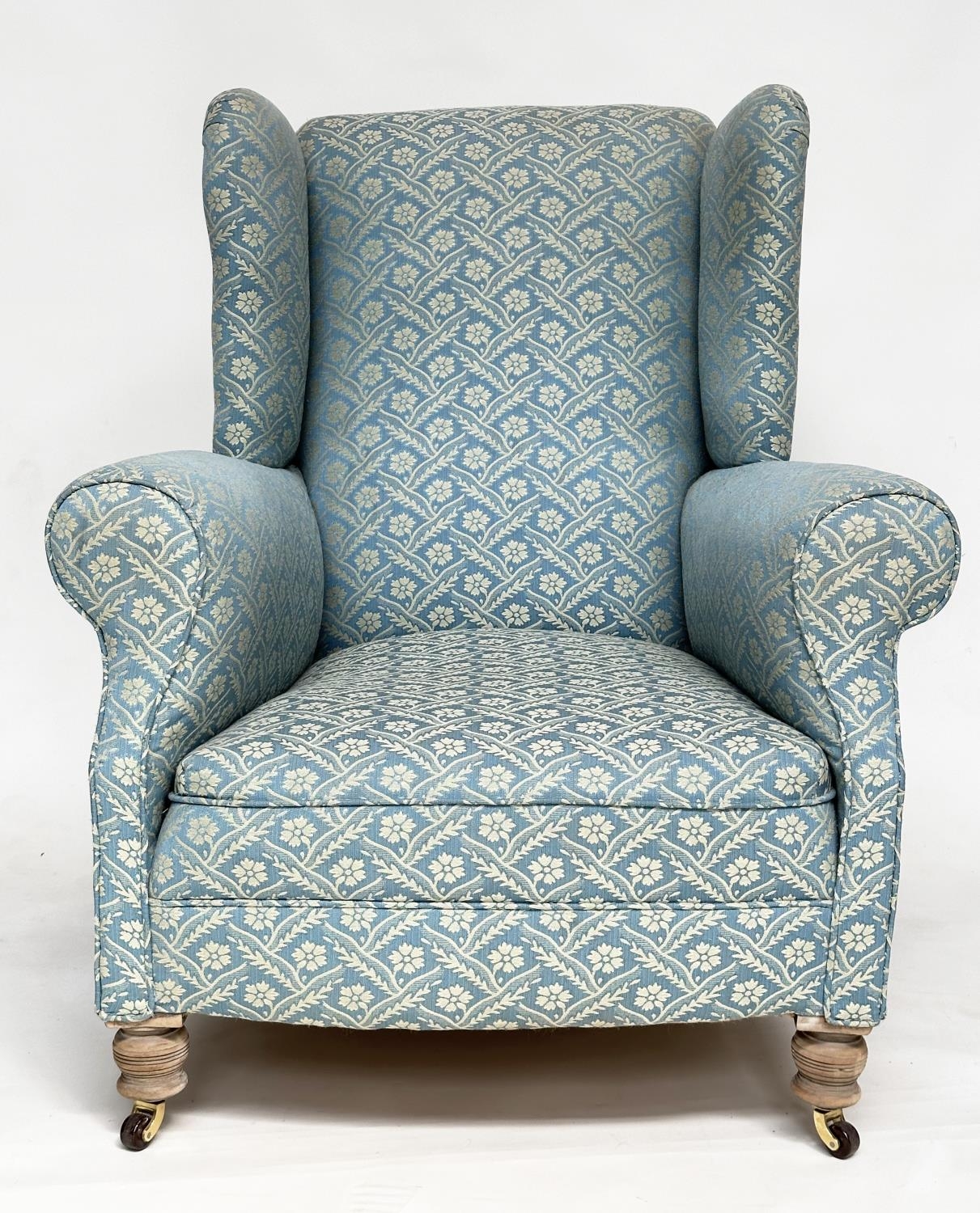 WING ARMCHAIR, Victorian geometric woven blue and white upholstered with scroll arms and turned - Image 2 of 6