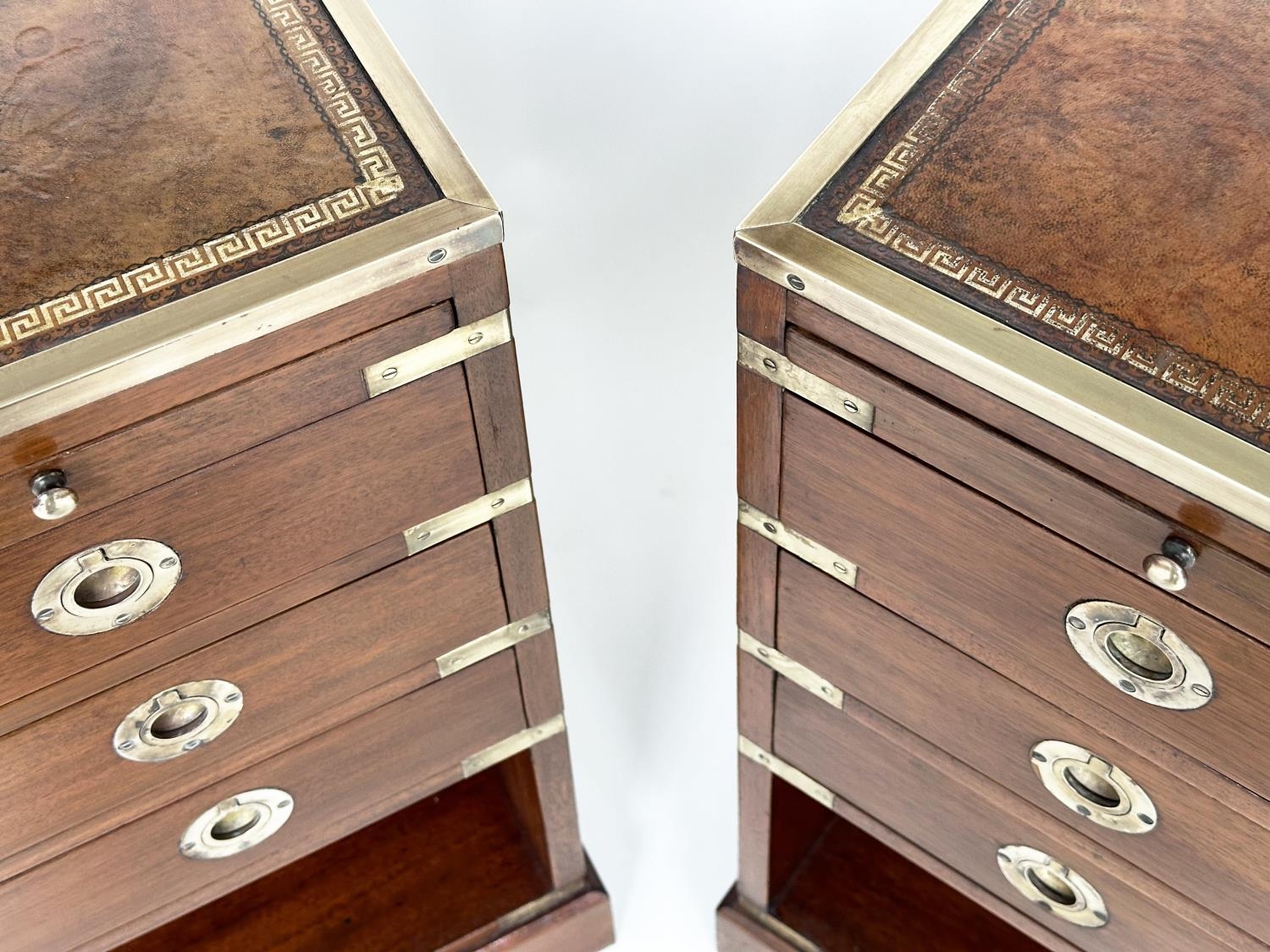 CAMPAIGN STYLE CHESTS, a pair, mahogany and brass bound with tooled leather and three drawers, - Image 7 of 20