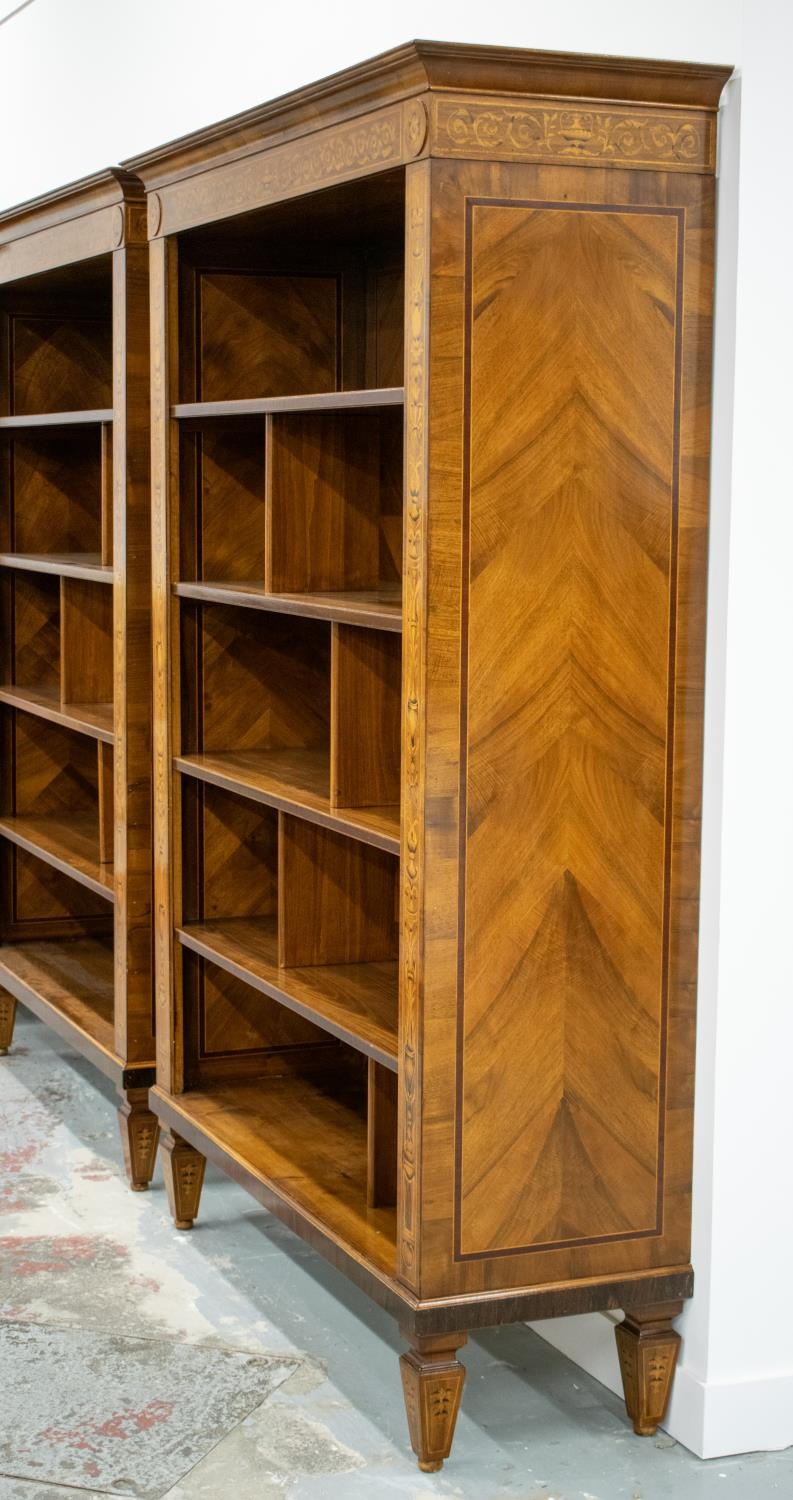 OPEN BOOKCASES, a pair, Italian walnut and marquetry with removable shelves and dividers, 212cm H - Image 4 of 8