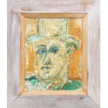 CONTEMPORARY SCHOOL PORTRAIT, oil on board, of a man in a hat, in a pine frame, 50cm x 40cm.