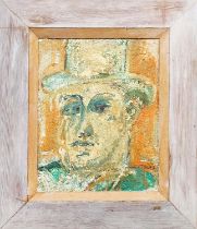 CONTEMPORARY SCHOOL PORTRAIT, oil on board, of a man in a hat, in a pine frame, 50cm x 40cm.