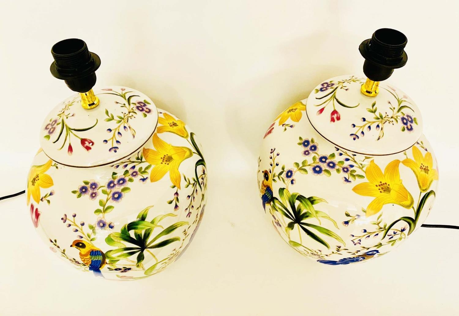 TABLE LAMPS, a pair, glazed ceramic with decoration depicting exotic birds amongst floral foliage, - Image 3 of 4