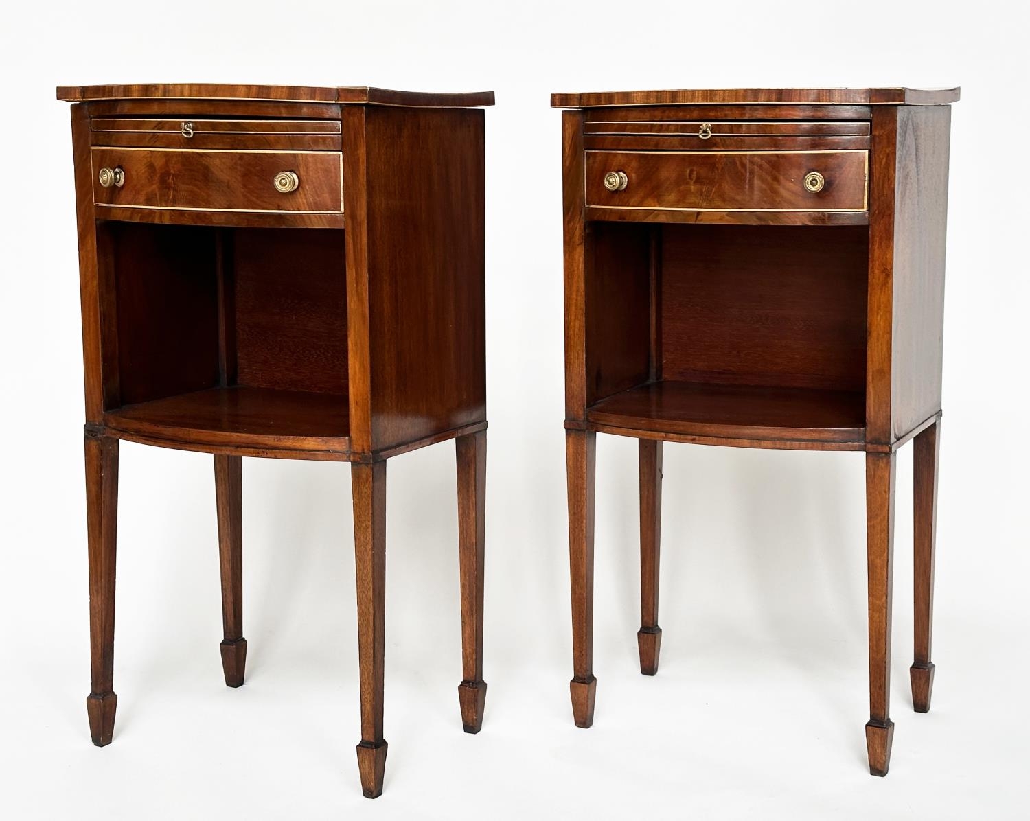 BOWFRONT LAMP TABLES, a pair, George III design figured mahogany and boxwood lined each with - Image 7 of 16