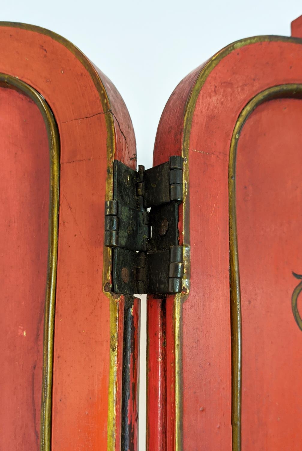 CHINOISERIE SCREEN, early 20th century red lacquer, three fold, each panel 178cm x 46cm W, with gilt - Image 22 of 24