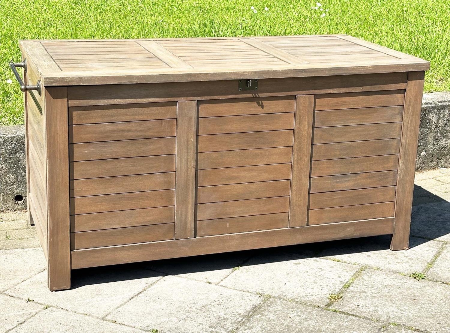 GARDEN STORAGE TRUNK, outdoor weathered teak with hinged lid and side handles, 85vm H x 138cm W x - Image 3 of 18