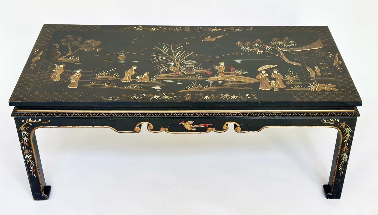 LOW TABLE, early 20th century rectangular lacquered and gilt polychrome chinoiserie hand painted