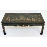 LOW TABLE, early 20th century rectangular lacquered and gilt polychrome chinoiserie hand painted