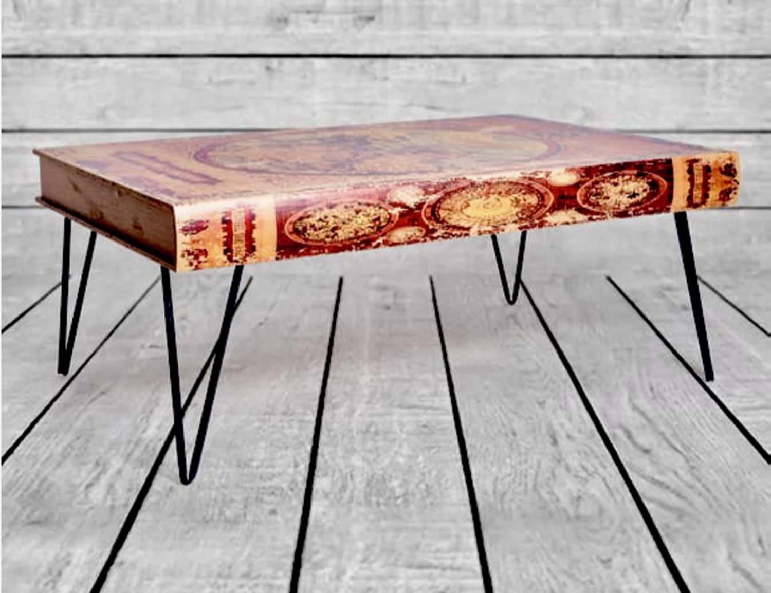 LOW TABLE, faux atlas book top on metal hairpin legs, 110cm W x 70cm D x 45cm H. - Image 3 of 3