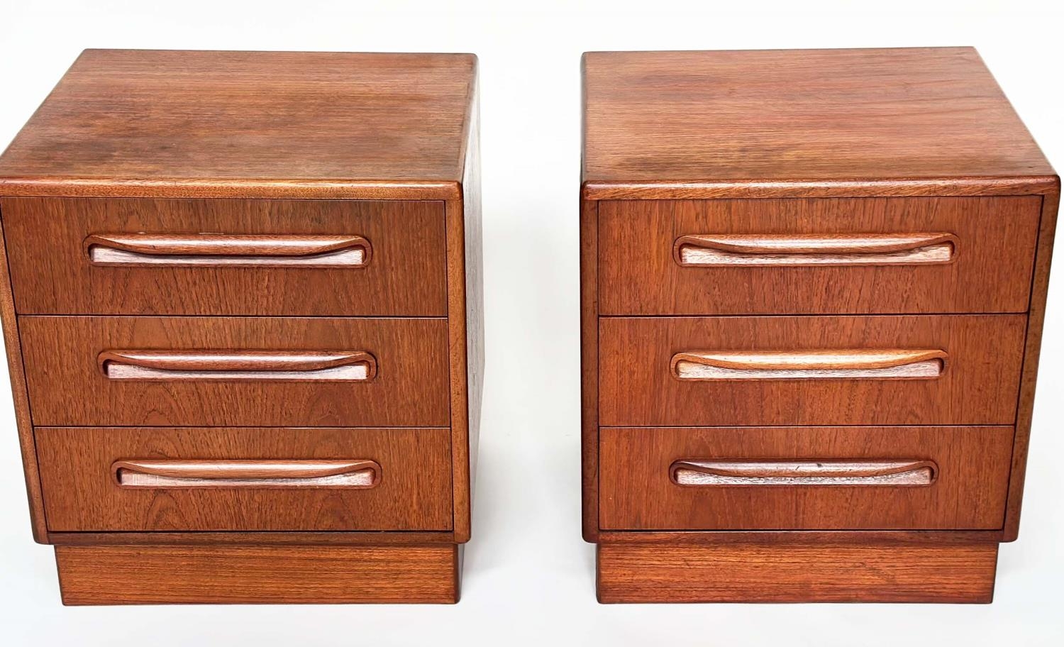 G PLAN SIDE CHESTS, a pair, vintage 1970s teak, each with three drawers, reverse labels dated