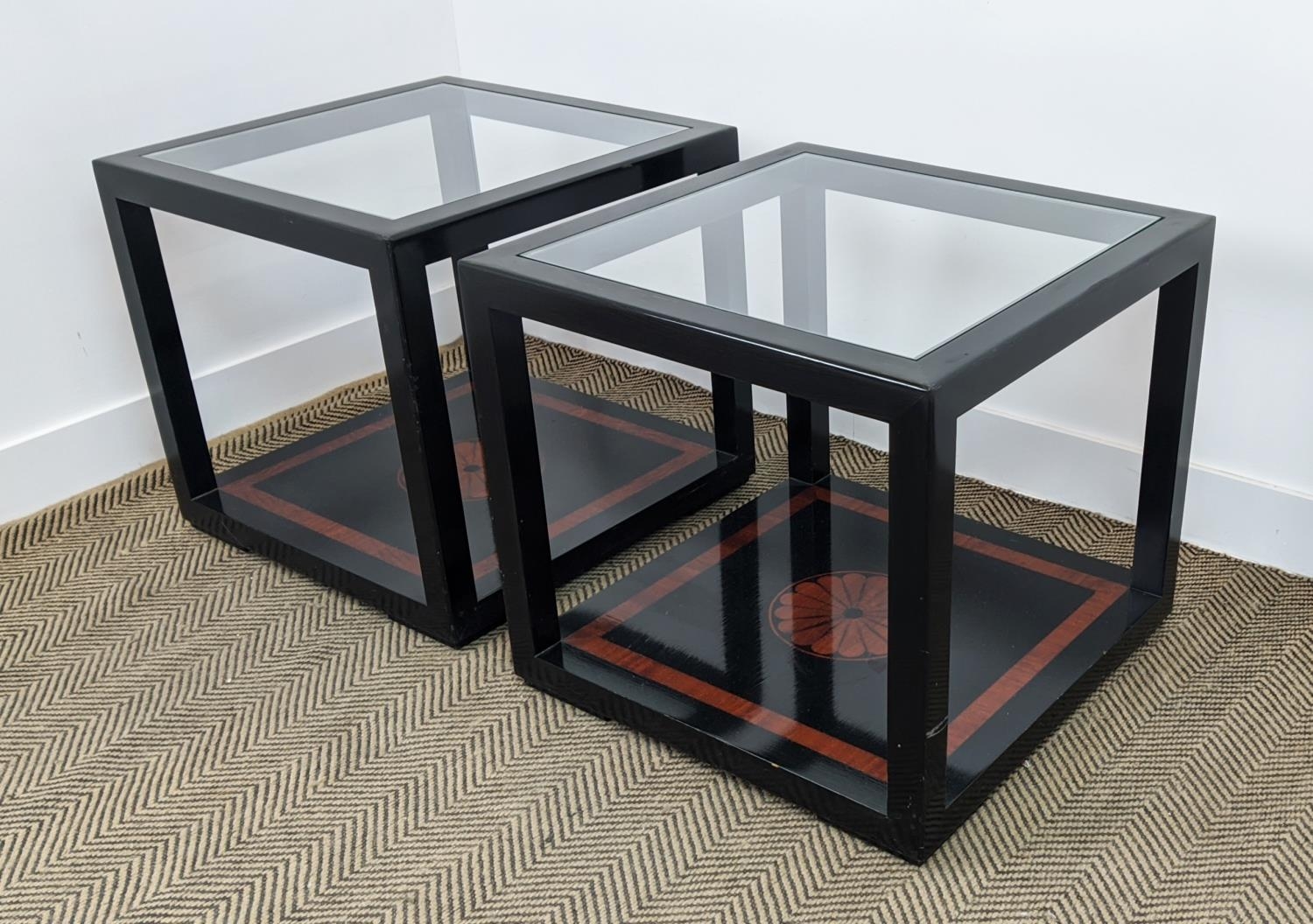 LAMP TABLES, a pair, black lacquer and inlaid with inset square glass tops, 55cm H x 60cm W. - Image 8 of 16